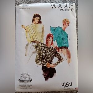 Vogue V1980 Misses 1987 Vintage Extended Shoulders Blouse Sewing Pattern Size Y5